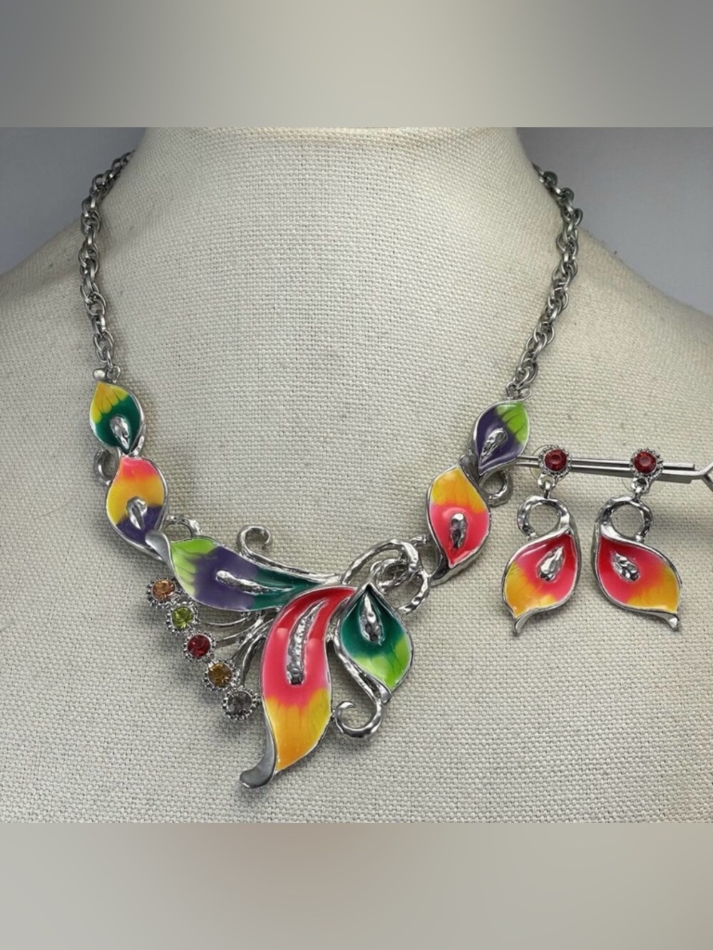 Boho Style Jewelry Set Oil Dripping Craft Trendy Leaf Shape Necklace & Earrings